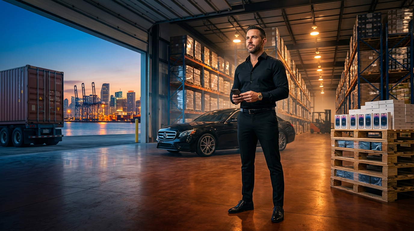 You move millions. Bank like it. A business owner stands in a warehouse at a shipping port at sunset holding a phone, beside a truck, car and pallets of goods. US bank account, credit card and FX from Shield.