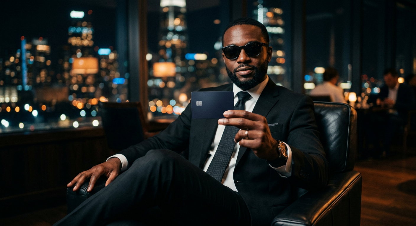 A stylish business owner holding a dark blue Shield business credit card.