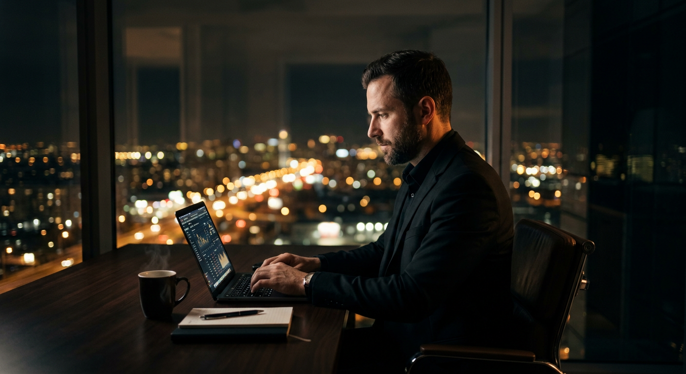 A business owner working late on a laptop with a city skyline behind them.