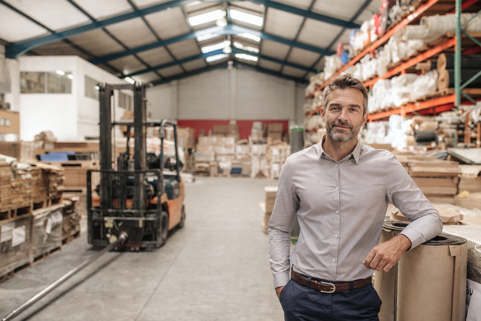 A confident business owner in his late forties, in a grey button-down shirt, leans on rolls of stock in his warehouse, with a forklift and pallets behind.