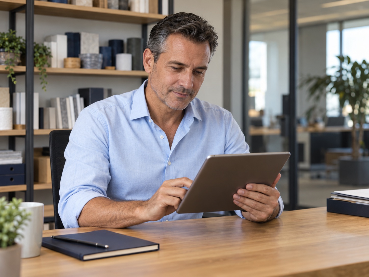 A business owner reviews finances in an organized office.