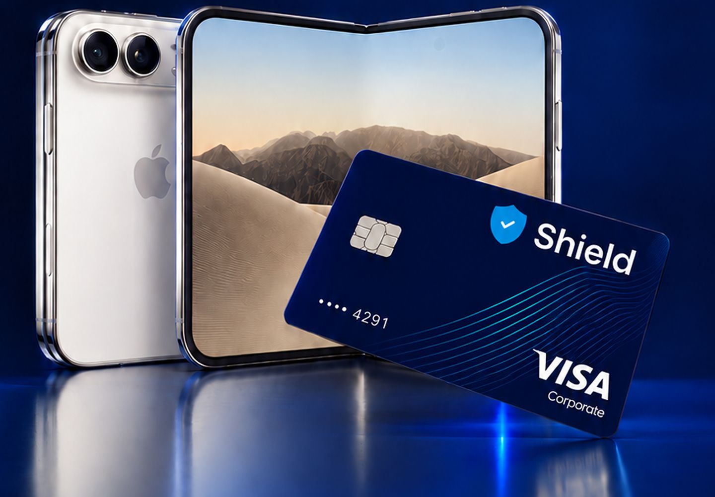 Celulares ao lado de um cartão de crédito empresarial Shield